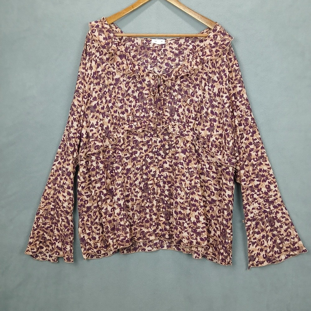 Thread & Clover Blouse Top Women 2X Tan Purple Leopard Print Ruffled Long Sleeve